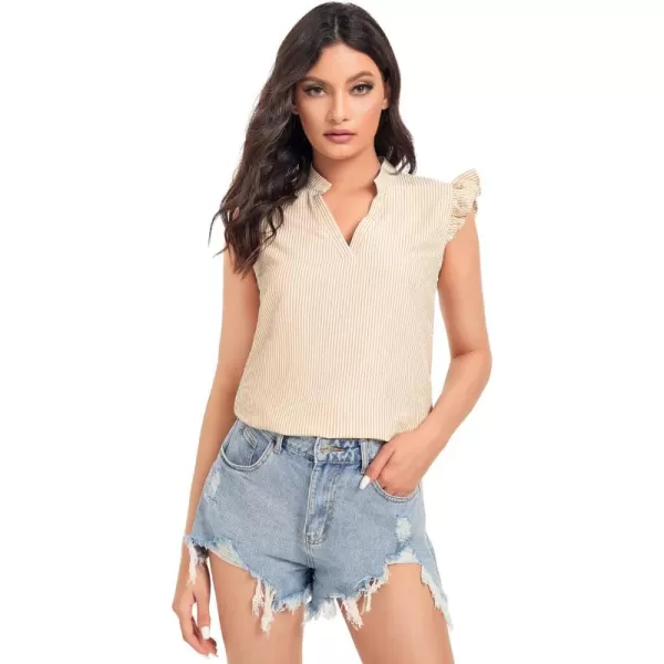 WDIRARA Women's Striped Ruffle Cap Sleeve Notched V Neck Blouse Top Shirt