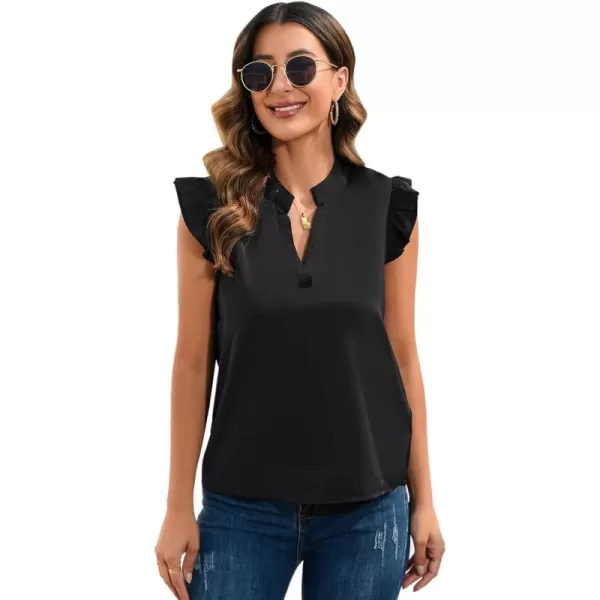 WDIRARA Women's Striped Ruffle Cap Sleeve Notched V Neck Blouse Top Shirt