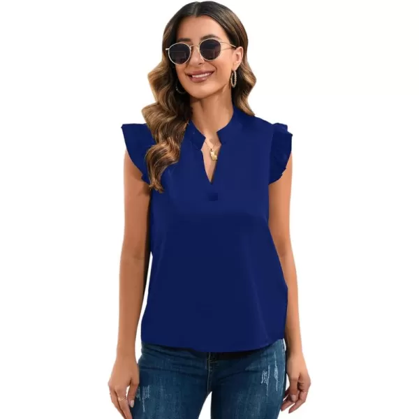 WDIRARA Women's Striped Ruffle Cap Sleeve Notched V Neck Blouse Top Shirt
