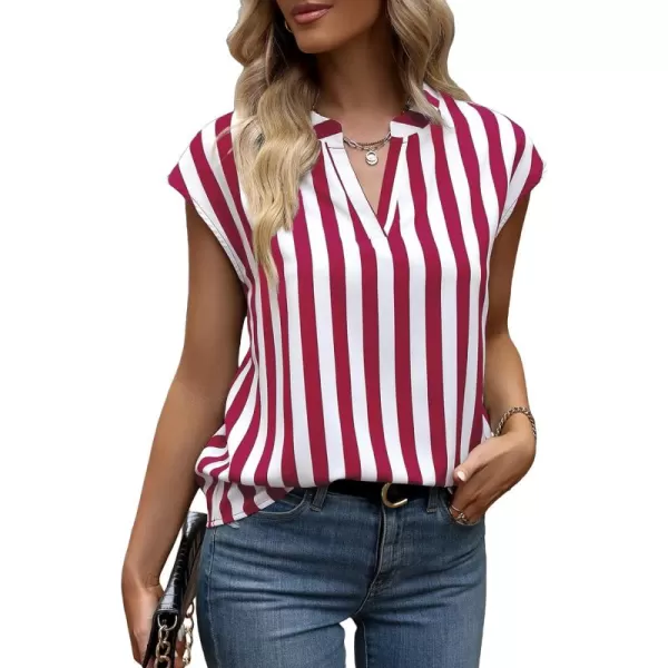 WDIRARA Women's Striped Ruffle Cap Sleeve Notched V Neck Blouse Top Shirt