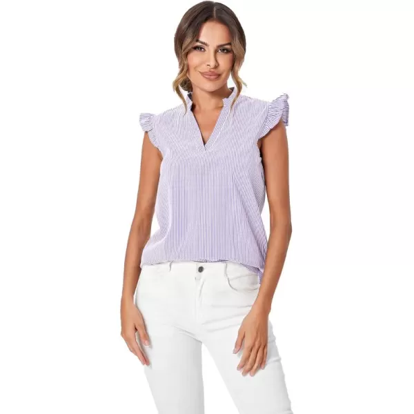 WDIRARA Women's Striped Ruffle Cap Sleeve Notched V Neck Blouse Top Shirt