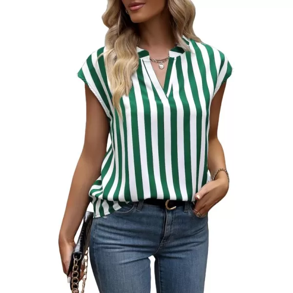 WDIRARA Women's Striped Ruffle Cap Sleeve Notched V Neck Blouse Top Shirt