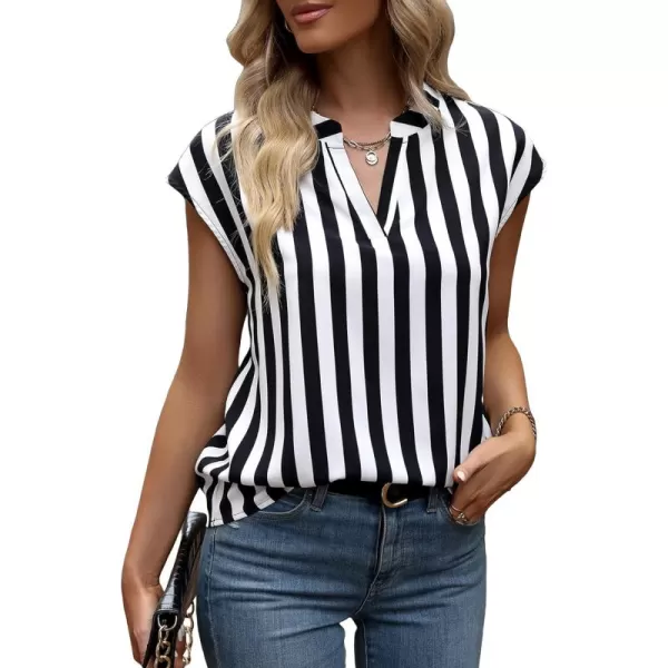 WDIRARA Women's Striped Ruffle Cap Sleeve Notched V Neck Blouse Top Shirt