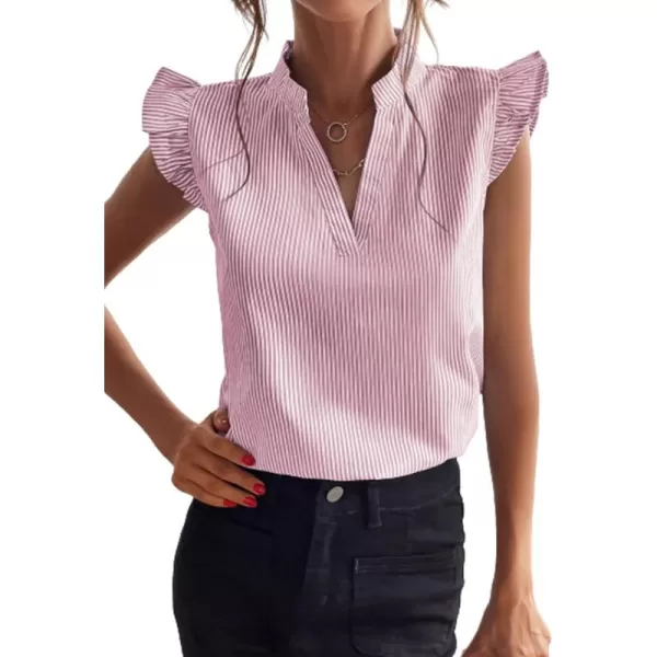 WDIRARA Women's Striped Ruffle Cap Sleeve Notched V Neck Blouse Top Shirt