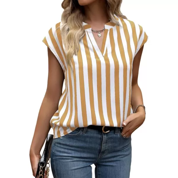 WDIRARA Women's Striped Ruffle Cap Sleeve Notched V Neck Blouse Top Shirt