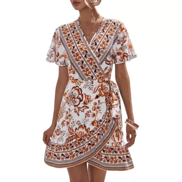 WDIRARA Women's Summer Casual Boho Floral Print Short Sleeve Wrap V Neck Ruffle Hem A Line Dress