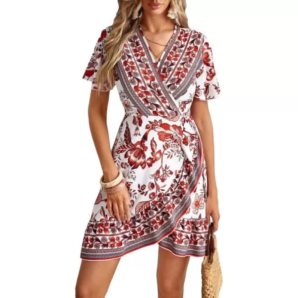 WDIRARA Women's Summer Casual Boho Floral Print Short Sleeve Wrap V Neck Ruffle Hem A Line Dress
