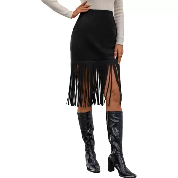 WDIRARA Women's Tassel Fringe Trim Faux Suede Straight Hem High Waisted Midi Skirt