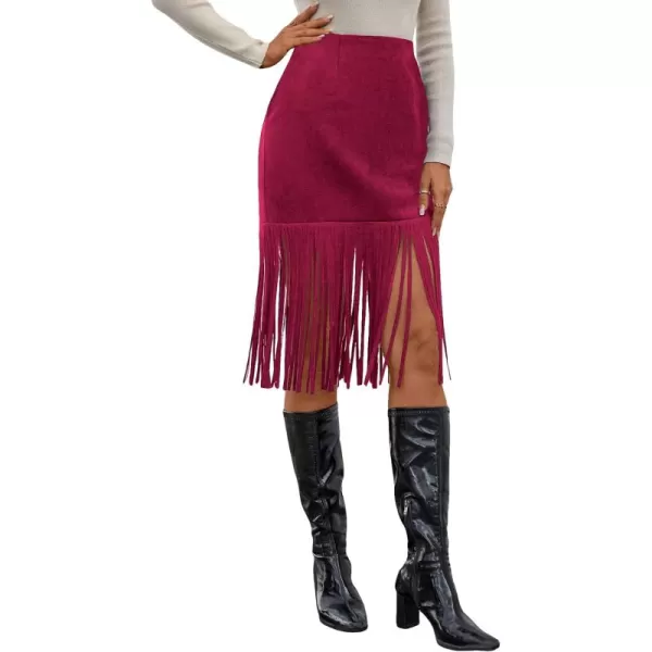 WDIRARA Women's Tassel Fringe Trim Faux Suede Straight Hem High Waisted Midi Skirt