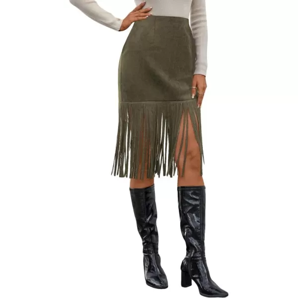 WDIRARA Women's Tassel Fringe Trim Faux Suede Straight Hem High Waisted Midi Skirt