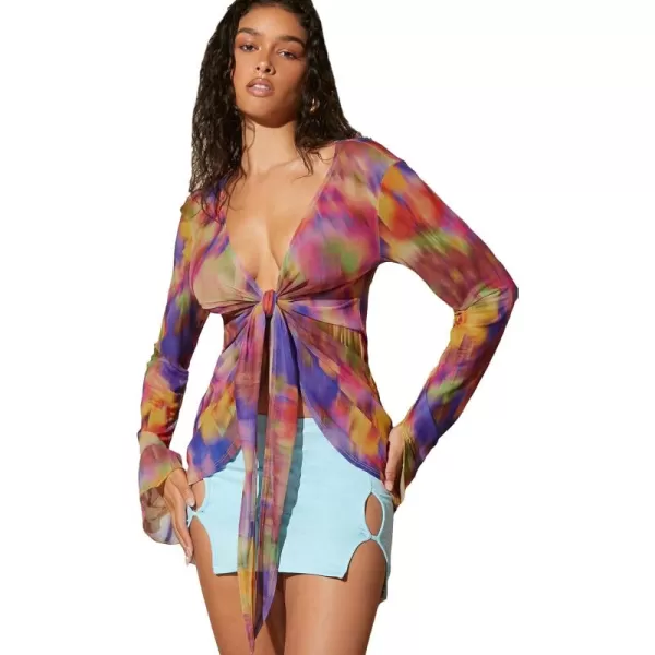 WDIRARA Women's Tie Dye Deep V Neck Knot Front Blouse Long Flare Sleeve Mesh Top