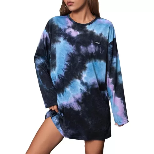 WDIRARA Women's Tie Dye Letter Patched Round Neck Long Sleeve Casual Tee Dress