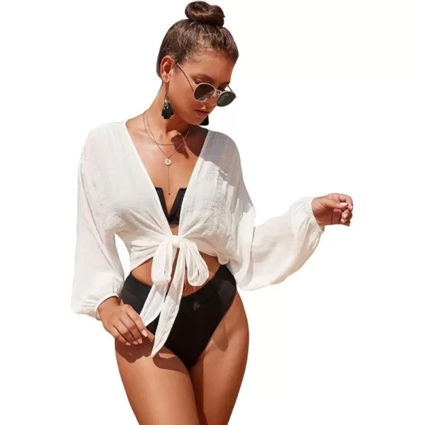 WDIRARA Women's Tie Front Long Sleeve Kimono Wrap Blouse Cover Up Top Swimwear
