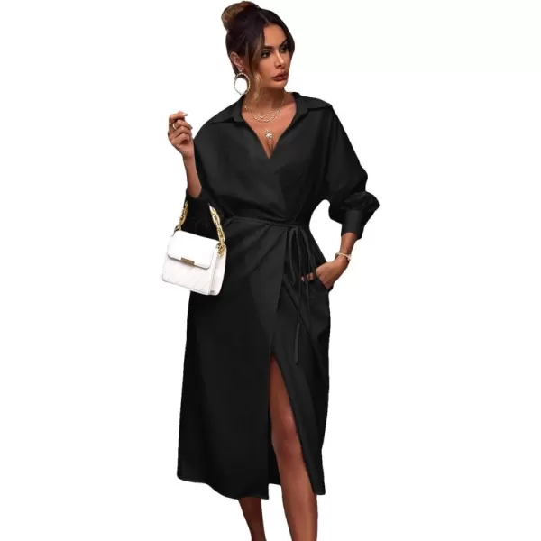 WDIRARA Women's Tie Front Wrapped High Waisted Drop Shoulder Long Sleeve Shirt Dress