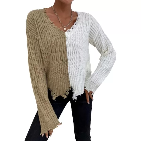 WDIRARA Women's Two Tone V Neck Ripped Sweater Long Sleeve Colorblock Knit Tops