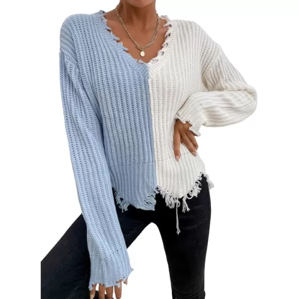 WDIRARA Women's Two Tone V Neck Ripped Sweater Long Sleeve Colorblock Knit Tops