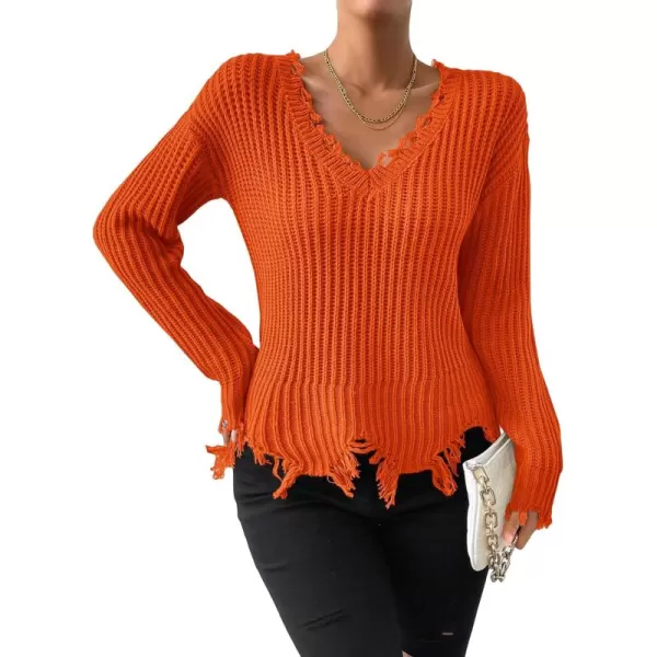 WDIRARA Women's Two Tone V Neck Ripped Sweater Long Sleeve Colorblock Knit Tops