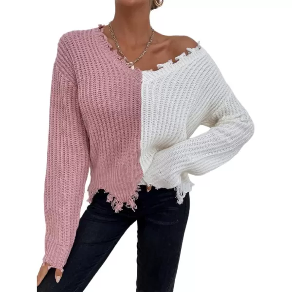 WDIRARA Women's Two Tone V Neck Ripped Sweater Long Sleeve Colorblock Knit Tops