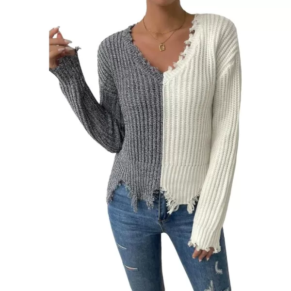 WDIRARA Women's Two Tone V Neck Ripped Sweater Long Sleeve Colorblock Knit Tops