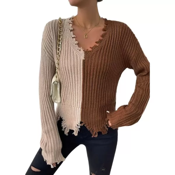 WDIRARA Women's Two Tone V Neck Ripped Sweater Long Sleeve Colorblock Knit Tops