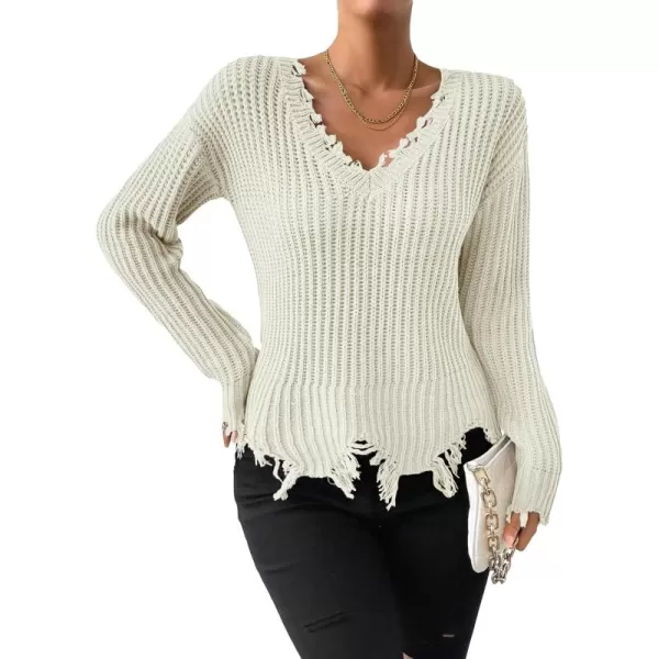 WDIRARA Women's Two Tone V Neck Ripped Sweater Long Sleeve Colorblock Knit Tops