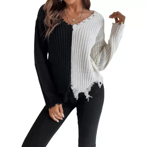 WDIRARA Women's Two Tone V Neck Ripped Sweater Long Sleeve Colorblock Knit Tops