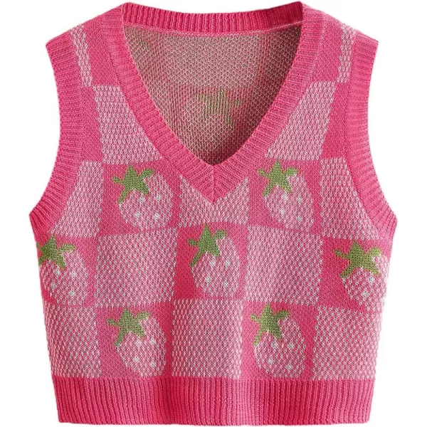 WDIRARA Women's V Neck Gingham Strawberry Pattern Sweater Vest