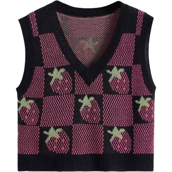 WDIRARA Women's V Neck Gingham Strawberry Pattern Sweater Vest