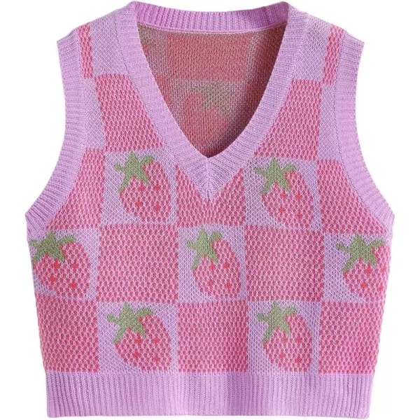 WDIRARA Women's V Neck Gingham Strawberry Pattern Sweater Vest