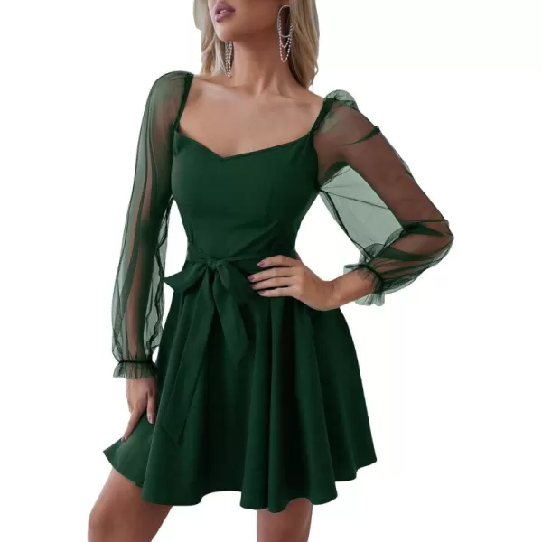 WDIRARA Women's V Neck Mesh Bishop Long Sleeve Ruffle Hem Belted Dress