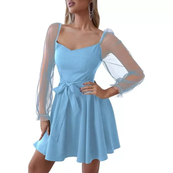 WDIRARA Women's V Neck Mesh Bishop Long Sleeve Ruffle Hem Belted Dress