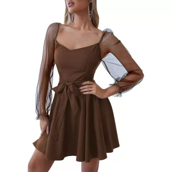 WDIRARA Women's V Neck Mesh Bishop Long Sleeve Ruffle Hem Belted Dress
