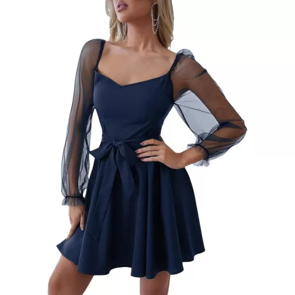 WDIRARA Women's V Neck Mesh Bishop Long Sleeve Ruffle Hem Belted Dress