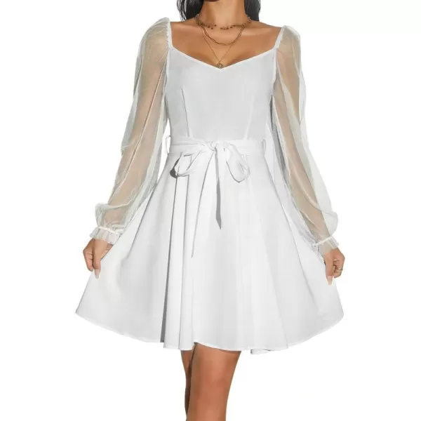 WDIRARA Women's V Neck Mesh Bishop Long Sleeve Ruffle Hem Belted Dress