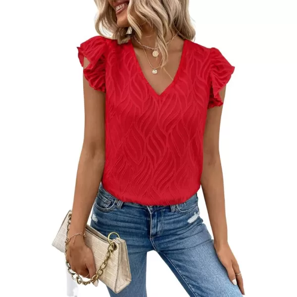WDIRARA Women's V Neck Ruffle Cap Sleeve Blouse Casual Tops Summer Shirt