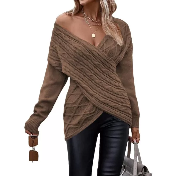 WDIRARA Women's Wrap V Neck Criss Cross Long Sleeve Asymmetrical Sweater Cable Knit Tops
