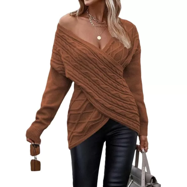 WDIRARA Women's Wrap V Neck Criss Cross Long Sleeve Asymmetrical Sweater Cable Knit Tops