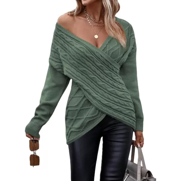 WDIRARA Women's Wrap V Neck Criss Cross Long Sleeve Asymmetrical Sweater Cable Knit Tops