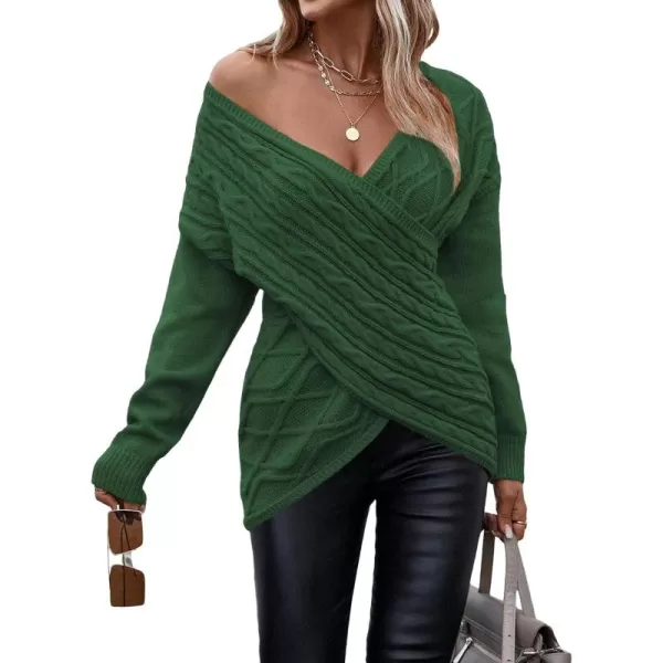 WDIRARA Women's Wrap V Neck Criss Cross Long Sleeve Asymmetrical Sweater Cable Knit Tops