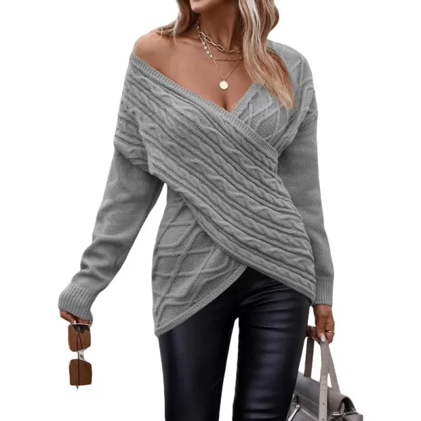 WDIRARA Women's Wrap V Neck Criss Cross Long Sleeve Asymmetrical Sweater Cable Knit Tops