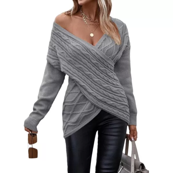 WDIRARA Women's Wrap V Neck Criss Cross Long Sleeve Asymmetrical Sweater Cable Knit Tops