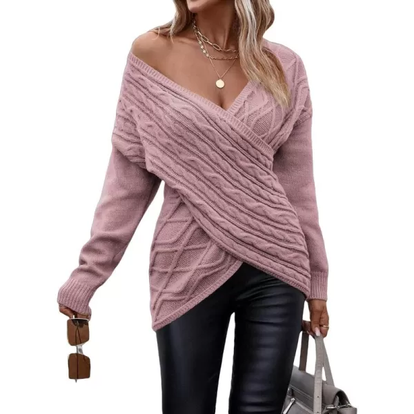 WDIRARA Women's Wrap V Neck Criss Cross Long Sleeve Asymmetrical Sweater Cable Knit Tops
