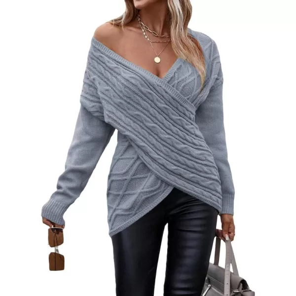 WDIRARA Women's Wrap V Neck Criss Cross Long Sleeve Asymmetrical Sweater Cable Knit Tops