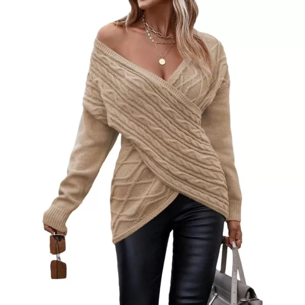 WDIRARA Women's Wrap V Neck Criss Cross Long Sleeve Asymmetrical Sweater Cable Knit Tops