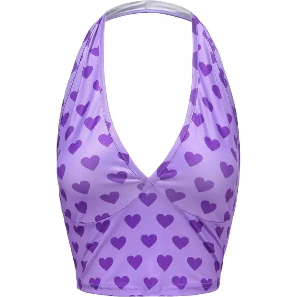 WDIRARA Women's Y2K Halter Backless Sexy Heart Print Sleeveless Club Crop Tank Tops