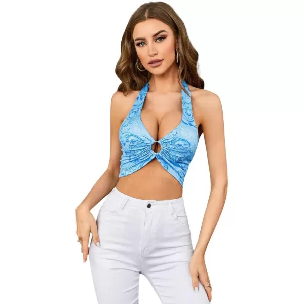 WDIRARA Women's Y2K Halter Backless Sexy Heart Print Sleeveless Club Crop Tank Tops