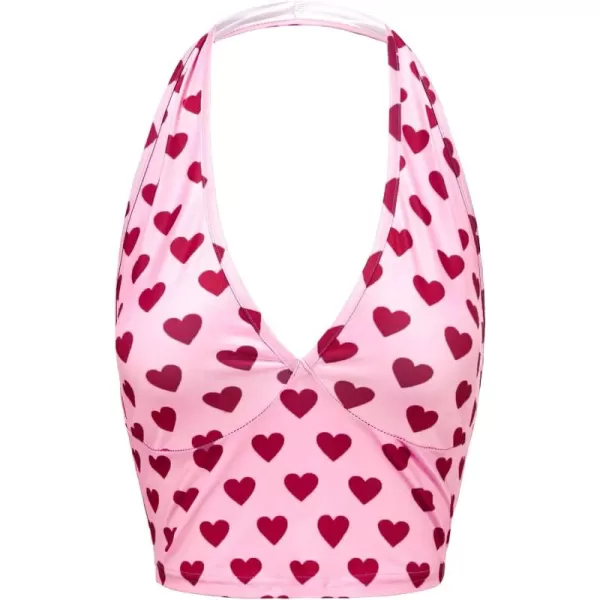 WDIRARA Women's Y2K Halter Backless Sexy Heart Print Sleeveless Club Crop Tank Tops