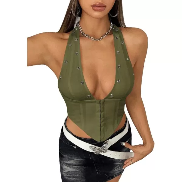 WDIRARA Women's Y2K Halter Top Deep V Backless Asymmetrical Hem Cami Crop Tops