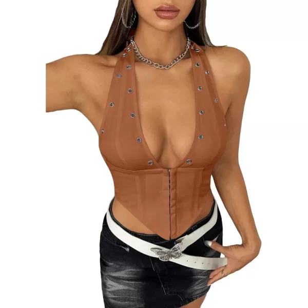 WDIRARA Women's Y2K Halter Top Deep V Backless Asymmetrical Hem Cami Crop Tops