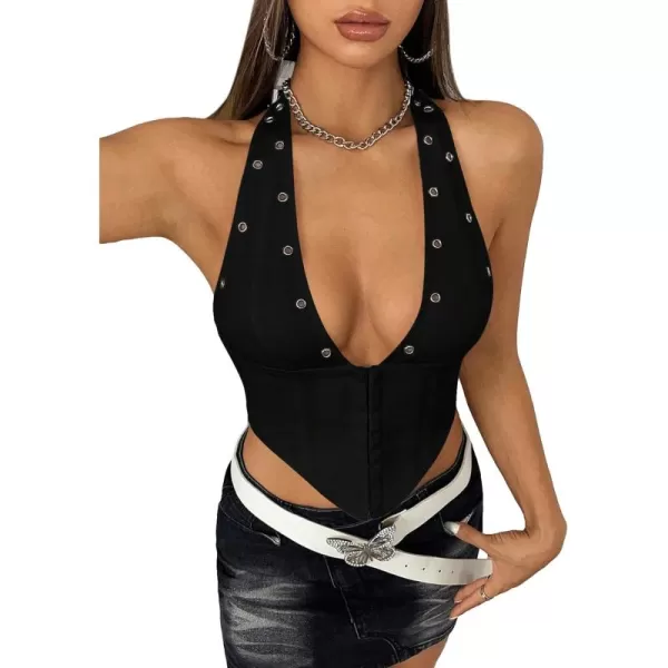 WDIRARA Women's Y2K Halter Top Deep V Backless Asymmetrical Hem Cami Crop Tops